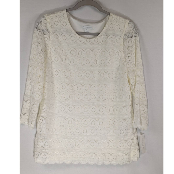 Charter Club Petite Lace Blouse 3/4 Sleeve Top Cream Ivory PL Workwear Formal - Picture 1 of 8